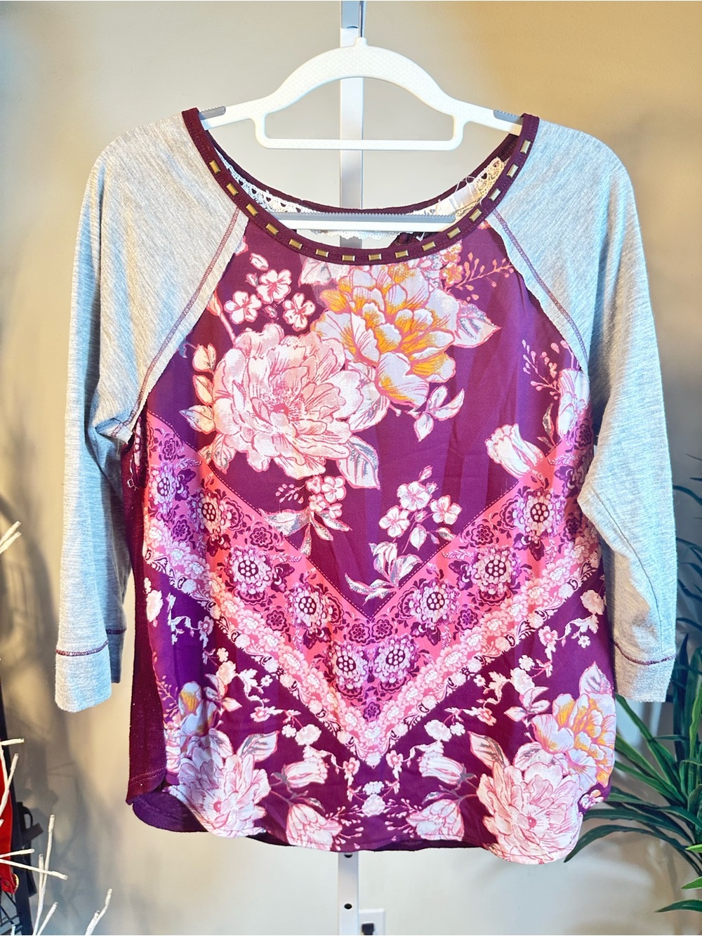 N218. Jolt- Purple Floral Raglan Long Sleeve Tee